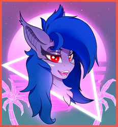 Size: 1300x1400 | Tagged: safe, artist:xeniusfms, imported from derpibooru, oc, oc only, oc:aphelion riley, bat pony, pony, bat pony oc, bust, female, looking at you, mare, neon, open mouth, open smile, portrait, smiling, smiling at you, solo, stars, synthwave, teeth, triangle