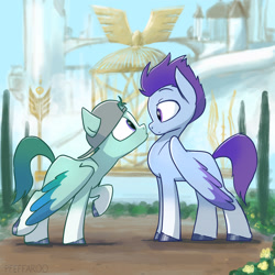 Size: 2048x2048 | Tagged: safe, artist:pfeffaroo, imported from derpibooru, pegasus, pony, backwards ballcap, baseball cap, cap, duo, eye contact, female, g5, guard, guardsmare, hat, high res, looking at each other, male, mare, raised hoof, royal guard, shipping, stallion, staring contest, straight, thunder flap, zoom zephyrwing, zoomthunder