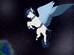 Size: 3186x2350 | Tagged: safe, artist:inisealga, imported from derpibooru, oc, oc only, oc:soaring spirit, pegasus, pony, earth, glasses, high res, male, pegasus oc, planet, solo, space, spacesuit, spread wings, stallion, stars, wings