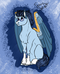 Size: 756x931 | Tagged: safe, artist:inisealga, imported from derpibooru, oc, oc only, oc:soaring spirit, pegasus, pony, abstract background, armor, coat markings, facial markings, folded wings, glasses, male, markings, pegasus oc, sitting, socks (coat markings), solo, stallion, wing armor, wing brace, wings