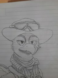 Size: 3000x4000 | Tagged: safe, artist:bartmagus, artist:mustaphatr, imported from derpibooru, oc, oc only, oc:virgil, griffon, equestria at war mod, clothes, goggles, hat, lined paper, solo, traditional art