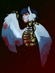 Size: 1779x2350 | Tagged: safe, artist:inisealga, imported from derpibooru, oc, oc only, oc:soaring spirit, pegasus, pony, abstract background, armor, blood, doom, doom guy, gradient background, male, pegasus oc, red eyes, solo, spread wings, stallion, wing armor, wing brace, wings