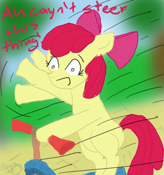 Size: 864x925 | Tagged: safe, artist:theantifamouskuro, imported from derpibooru, apple bloom, earth pony, pony, bipedal, female, filly, open mouth, scooter, solo, text
