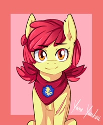 Size: 1639x2000 | Tagged: safe, artist:yumeyuuheii, imported from derpibooru, apple bloom, earth pony, pony, adorabloom, cute, ear fluff, female, filly, looking at you, neckerchief, older, scar, smiling, solo, teenage apple bloom