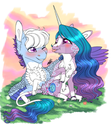 Size: 1024x1149 | Tagged: safe, artist:malinraf1615, imported from derpibooru, izzy moonbow, pegasus, pony, unicorn, :p, blushing, chest fluff, cute, female, g5, grass, izzybetes, leonine tail, lesbian, male, mare, markings, one eye closed, shipping, stallion, straight, tail, tongue out, unshorn fetlocks, wink, zoom zephyrwing, zoombow