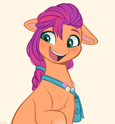 Size: 1170x1260 | Tagged: safe, artist:higgly-chan, imported from derpibooru, sunny starscout, earth pony, pony, bag, blushing, braid, chest fluff, cute, daaaaaaaaaaaw, ears back, eyebrows, female, floppy ears, g5, hair tie, mare, markings, my little pony: a new generation, open mouth, open smile, satchel, simple background, smiling, solo, sunnybetes, teal eyes, white background