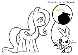 Size: 706x500 | Tagged: safe, artist:duckchip, edit, imported from derpibooru, angel bunny, fluttershy, pegasus, pony, rabbit, angel is a bunny bastard, animal, bomb, coloring page, female, folded wings, imgflip, mare, present, simple background, smiling, standing, text, this will end in death, this will end in tears, this will end in tears and/or death, weapon, white background, wings