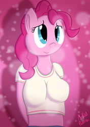 Size: 2480x3508 | Tagged: safe, alternate version, artist:mrkat7214, imported from derpibooru, pinkie pie, anthro, earth pony, breasts, busty pinkie pie, clothes, female, hands behind back, high res, smiling, solo