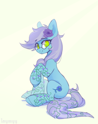 Size: 3534x4472 | Tagged: safe, artist:laymy, imported from derpibooru, oc, oc only, oc:linum, earth pony, pony, abstract background, female, flower, flower in hair, glasses, green eyes, looking at you, mare, no pupils, signature, sitting, smiling, smiling at you, solo