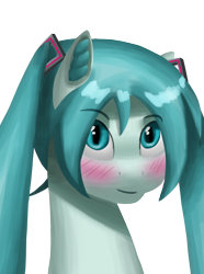 Size: 1000x1346 | Tagged: safe, artist:vezja, imported from derpibooru, anime, blushing, bust, commission, ear fluff, eyebrows, eyebrows visible through hair, female, hatsune miku, looking at you, pigtails, portrait, simple background, transparent background, vocaloid