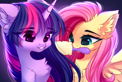 Size: 4932x3300 | Tagged: safe, artist:airiniblock, imported from derpibooru, fluttershy, twilight sparkle, pegasus, pony, unicorn, brush, brushing mane, cheek fluff, chest fluff, cute, duo, duo female, ear fluff, eye clipping through hair, eyebrows, eyebrows visible through hair, female, gradient background, hairbrush, high res, horn, looking at someone, mare, mouth hold, purple eyes, rcf community, shyabetes, smiling, spread wings, teal eyes, teeth, twiabetes, unicorn twilight, wings