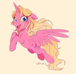 Size: 2082x2019 | Tagged: safe, artist:imalou, imported from derpibooru, oc, oc only, alicorn, pony, alicorn oc, female, flying, happy, high res, horn, looking at you, mare, smiling, spread wings, wings