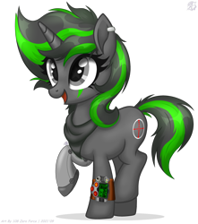 Size: 3168x3580 | Tagged: safe, artist:108-zeroforce, artist:starshade, imported from derpibooru, oc, oc only, oc:steady shot, pony, unicorn, fallout equestria, amputee, bandana, base used, commission, face paint, female, high res, horn, mare, metal leg, piercing, pipbuck, prosthetic leg, prosthetic limb, prosthetics, raised leg, simple background, smiling, solo, transparent background, unicorn oc, ych result