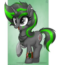 Size: 3168x3580 | Tagged: safe, alternate version, artist:108-zeroforce, artist:starshade, imported from derpibooru, oc, oc only, oc:steady shot, pony, unicorn, fallout equestria, 2021, amputee, bandana, base used, commission, cute, face paint, female, gray body, gray eyes, green background, high res, horn, mare, metal leg, piercing, pipbuck, prosthetic leg, prosthetic limb, prosthetics, raised leg, simple background, smiling, solo, unicorn oc, ych result