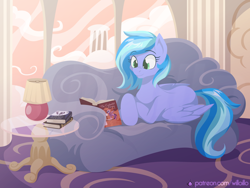 Size: 1600x1200 | Tagged: safe, artist:willoillo, imported from derpibooru, oc, oc only, oc:azure notion, pegasus, pony, fanfic:the enchanted library, book, cloud house, commission, couch, female, lamp, mare, reading, solo, table