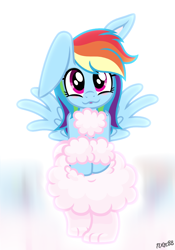 Size: 700x1000 | Tagged: safe, artist:nxzc88, imported from derpibooru, rainbow dash, hybrid, original species, pegasus, pony, rabbit, :3, bipedal, blushing, bright background, bunnified, cute, daaaaaaaaaaaw, dashabetes, floppy ears, fluffy, looking at you, one ear down, paws, rabbit pony, signature, smiling, smiling at you, solo, species swap, spread wings, wings