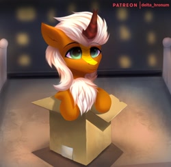 Size: 1620x1584 | Tagged: safe, artist:delta hronum, imported from derpibooru, oc, oc only, oc:verdant pyre, kirin, pony, box, chest fluff, kirin oc, pony in a box, solo