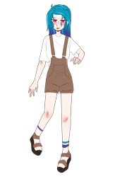 Size: 2438x3746 | Tagged: safe, artist:idkhesoff, derpibooru exclusive, imported from derpibooru, izzy moonbow, human, anklet, barefoot, clothes, feet, female, g5, high res, humanized, jewelry, overalls, sandals, shirt, shorts, simple background, solo, suspenders, t-shirt, transparent background