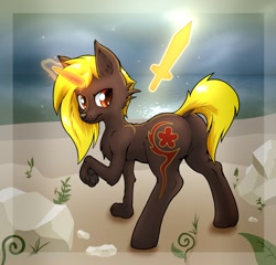 Size: 1200x1154 | Tagged: safe, artist:smokedpone, imported from derpibooru, oc, oc only, oc:melinda kvernbitt, dog, hybrid, unicorn, featureless crotch, hooves, paw pads, paws, solo, sword, weapon