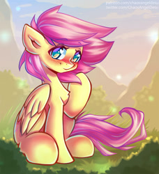 Size: 1100x1206 | Tagged: safe, artist:chaosangeldesu, imported from derpibooru, fluttershy, pegasus, pony, blushing, chest fluff, cute, female, folded wings, looking at you, mare, outdoors, raised hoof, shyabetes, sitting, smiling, solo, three quarter view, wings