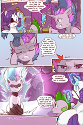 Size: 960x1440 | Tagged: safe, artist:cold-blooded-twilight, imported from derpibooru, rarity, spike, twilight sparkle, dragon, pony, unicorn, cold blooded twilight, comic:cold storm, angry, carousel boutique, comic, dialogue, eyepatch, eyes closed, eyeshadow, female, glowing, glowing horn, gritted teeth, horn, magic, magic aura, makeup, mare, messy mane, mirror, open mouth, sitting, speech bubble, unicorn twilight, vein, vein bulge, wide eyes, wide hips