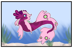 Size: 1280x854 | Tagged: safe, artist:catastrophe-witch, imported from derpibooru, oc, oc only, seapony (g4), blue eyes, dorsal fin, female, fish tail, flowing tail, ocean, open mouth, pink mane, sand, seaweed, solo, swimming, tail, underwater, water