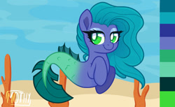 Size: 1280x782 | Tagged: safe, artist:galleryofazul, imported from derpibooru, oc, oc only, merpony, blue mane, colored pupils, coral, dorsal fin, eyelashes, female, fish tail, flowing mane, flowing tail, green eyes, looking at you, ocean, signature, solo, swimming, tail, underwater, water