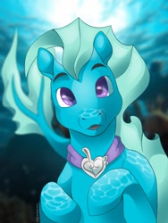 Size: 960x1280 | Tagged: safe, artist:rexyjackal, imported from derpibooru, oc, oc only, merpony, seapony (g4), boop, camera, commission, crepuscular rays, digital art, fish tail, flowing tail, jewelry, looking at you, male, necklace, ocean, open mouth, purple eyes, signature, solo, sun, sunlight, tail, underwater, water