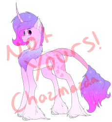 Size: 3432x3732 | Tagged: safe, artist:chazmazda, imported from derpibooru, twilight, oc, oc only, pony, unicorn, adoptable, adoption, chest fluff, colored, curved horn, flat colors, fluffy, full body, hail, high res, hoof fluff, hooves, horn, long hair, obtrusive watermark, outline, sale, short hair, signature, simple background, smiling, solo, standing, transparent background, unicorn oc, unshorn fetlocks, watermark