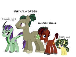 Size: 900x675 | Tagged: safe, artist:nivimonster, imported from derpibooru, oc, oc:button jewel, oc:emerald night, oc:phthalo green, oc:sunrise shine, hybrid, unicorn, female, filly, male, simple background, stallion, transparent background