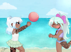 Size: 1899x1400 | Tagged: safe, artist:arwencuack, imported from derpibooru, cloudchaser, flitter, human, alternate hairstyle, ball, beach, bikini, blushing, bow, bracelet, clothes, commission, dark skin, duo, ear piercing, earring, female, hair bow, humanized, jewelry, midriff, ocean, open mouth, piercing, sand, siblings, sisters, sports bra, swimsuit, tankini, tattoo, twins, water