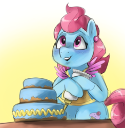 Size: 1795x1840 | Tagged: safe, artist:smirk, imported from derpibooru, cup cake, earth pony, semi-anthro, apron, cake, clothes, ear piercing, female, food, frosting, looking up, mare, piercing, solo