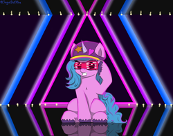 Size: 7000x5500 | Tagged: safe, artist:sugardotxtra, imported from derpibooru, izzy moonbow, pony, unicorn, spoiler:g5, spoiler:my little pony: a new generation, baseball cap, cap, g5, hat, izzy the rapper, my little pony: a new generation, neon, rapper, shutter shades, sunglasses