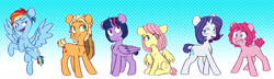 Size: 6546x1876 | Tagged: safe, artist:chub-wub, imported from derpibooru, applejack, fluttershy, pinkie pie, rainbow dash, rarity, twilight sparkle, alicorn, earth pony, pegasus, pony, unicorn, alternate hairstyle, applejack's hat, bob cut, bobcut, cowboy hat, female, hat, mane six, mare, twilight sparkle (alicorn)