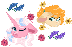 Size: 2573x1697 | Tagged: safe, artist:moccabliss, imported from derpibooru, clear sky, pear butter, pony, bust, flower, portrait, simple background, white background