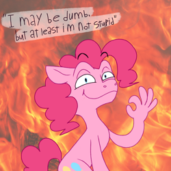 Size: 2000x2000 | Tagged: safe, artist:apatheticxaddict, imported from derpibooru, pinkie pie, earth pony, pony, dialogue, fire, floating eyebrows, hand, high res, logic, meme, ok hand sign, ponies with hands, shitposting, solo, suddenly hands, text