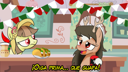 Size: 1280x720 | Tagged: safe, artist:archooves, edit, imported from derpibooru, oc, oc:sonorita, oc:tailcoatl, earth pony, pegasus, pony, alcohol, beer, drunk, food, heat, kitchen, mexican, mexico, nation ponies, party, ponified, spanish, taco