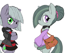 Size: 1024x701 | Tagged: safe, artist:a.s.e, imported from derpibooru, limestone pie, marble pie, earth pony, semi-anthro, angry, clothes, collar, duo, duo female, female, hair bun, hair over one eye, looking at you, nervous, shoulder bag, simple background, white background