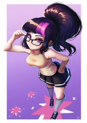 Size: 706x1000 | Tagged: safe, artist:the-park, imported from ponybooru, sci-twi, twilight sparkle, human, breasts, busty twilight sparkle, clothes, female, glasses, hand on hip, humanized, looking at you, ponytail, shoes, skirt, sneakers, socks, solo