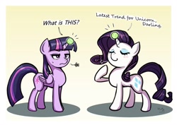 Size: 1414x1000 | Tagged: safe, artist:the-park, imported from ponybooru, rarity, twilight sparkle, alicorn, pony, unicorn, blushing, dialogue, duo, eyes closed, female, horn, horn impalement, hornball, implied izzy moonbow, mare, tennis ball, twilight is not amused, twilight sparkle (alicorn), unamused