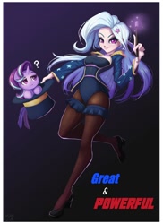 Size: 726x1000 | Tagged: safe, artist:the-park, imported from ponybooru, starlight glimmer, trixie, human, pony, unicorn, clothes, duo, female, garter, gradient background, hat, high heels, humanized, looking at you, magic wand, mare, pantyhose, question mark, shoes, smiling, smiling at you, starlight is not amused, top hat, unamused