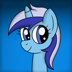 Size: 768x768 | Tagged: safe, artist:americangirl75, minuette, pony, unicorn, background pony, blue background, cute, female, head, mare, minubetes, simple background, smiling, solo