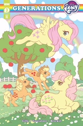 Size: 1349x2048 | Tagged: safe, artist:celesse, artist:samantha whitten, idw, imported from derpibooru, applejack, applejack (g1), fluttershy, posey, earth pony, pegasus, pony, spoiler:comic, spoiler:comicgenerations03, cottagecore, cover, duality, g1, g4, g4 to g1, generation leap, generational ponidox, my little pony: generations