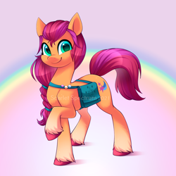 Size: 900x900 | Tagged: safe, artist:scarlet-spectrum, imported from derpibooru, sunny starscout, earth pony, pony, badge, bag, cute, female, g5, looking at you, mare, rainbow, raised hoof, saddle bag, satchel, smiling, solo, sunnybetes