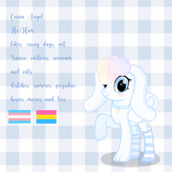 Size: 789x788 | Tagged: safe, artist:soft_angel, imported from derpibooru, oc, oc only, oc:cinna angel, pegasus, pony, bell, blue eyes, blushing, clothes, collar, curly tail, cute, long ears, male, pansexual pride flag, paws, plaid, plaid background, pride, pride flag, raised hoof, sanrio, socks, solo, striped socks, tail, transgender pride flag, transsexual, wings