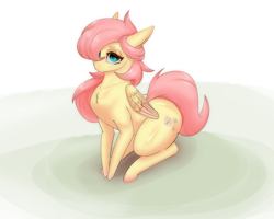 Size: 1500x1197 | Tagged: safe, artist:inkypuso, imported from derpibooru, fluttershy, pegasus, pony, chest fluff, female, folded wings, hair over one eye, looking at you, mare, sitting, solo, three quarter view, wings