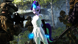 Size: 1920x1080 | Tagged: safe, artist:backmaker, imported from derpibooru, starlight glimmer, anthro, human, unicorn, 3d, assault rifle, clothes, evening gloves, fingerless elbow gloves, fingerless gloves, gloves, glowing, glowing hands, glowing horn, gun, horn, long gloves, military, rifle, source filmmaker, this will end in communism, tree, weapon