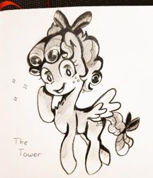 Size: 883x1024 | Tagged: safe, artist:fipoki, imported from derpibooru, cozy glow, pegasus, pony, cozybetes, cute, female, filly, pencil drawing, solo, stars, the tower, traditional art