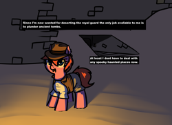 Size: 1129x818 | Tagged: safe, artist:neuro, imported from derpibooru, oc, oc only, earth pony, pony, clothes, dialogue, explorer outfit, female, hat, looking at you, mare, open mouth, ponybooru import, smiling, solo, tomb