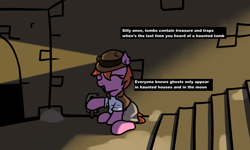 Size: 1176x705 | Tagged: safe, artist:neuro, imported from derpibooru, oc, oc only, earth pony, pony, clothes, dialogue, explorer outfit, eyes closed, female, flashlight (object), headlamp, holding, implied anon, lever, mare, open mouth, ponybooru import, sitting, smiling, solo, stairs, tomb